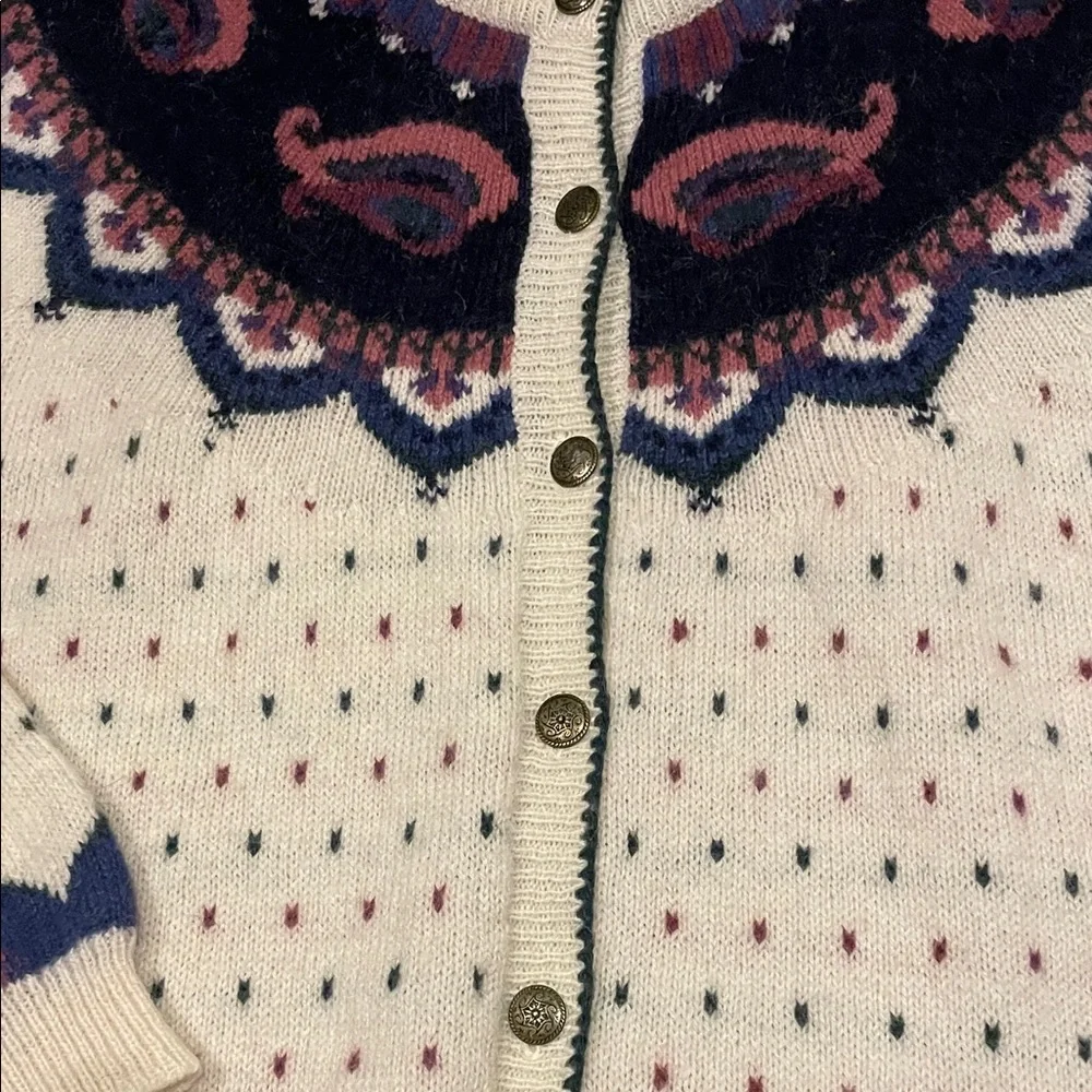 Woolrich Cream Cardigan with Navy and Pink Yoke - Picture 2 of 4